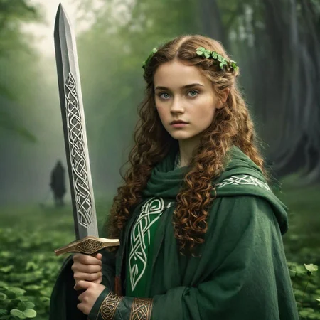 A young druid girl clad in a long Celtic cloak, holding an ancient scroll inscribed with runes, arcane ruins, easynegative, detailed face, looking at viewer, insightful look,( sword raised above head:1.5), charming benevolent bold look, focus on the face, remnants of a more advanced civilization, fight for the future,( Four-leaf clover:1.5), curly hair