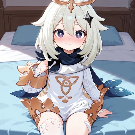 masterpiece, best quality, amazing quality, very aesthetic, absurdres, newest, score_9, score_8_up, 1girl, solo, Paimon_(Genshin_Impact), purple_eyes, white_pupils, white_hair, medium_hair, hair_between_eyes, flat_chest, halo, hair_ornament, single_thighhigh, black_cape, gold_trim, white_dress, black_scarf, sitting, smile, looking at viewer, blushing, big chest, large hips, cute, bedroom, blue bed, 2d,