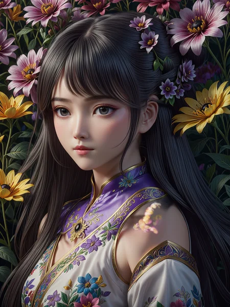 guofeng, Illustrated,1girl,black eyes,long hair,super precise depiction, (flowers),multiple colors,high definition,Rich in intricate details. 8K,illustration,crazy colors, <lora:HanXue_SDXL-000008:0.6>,