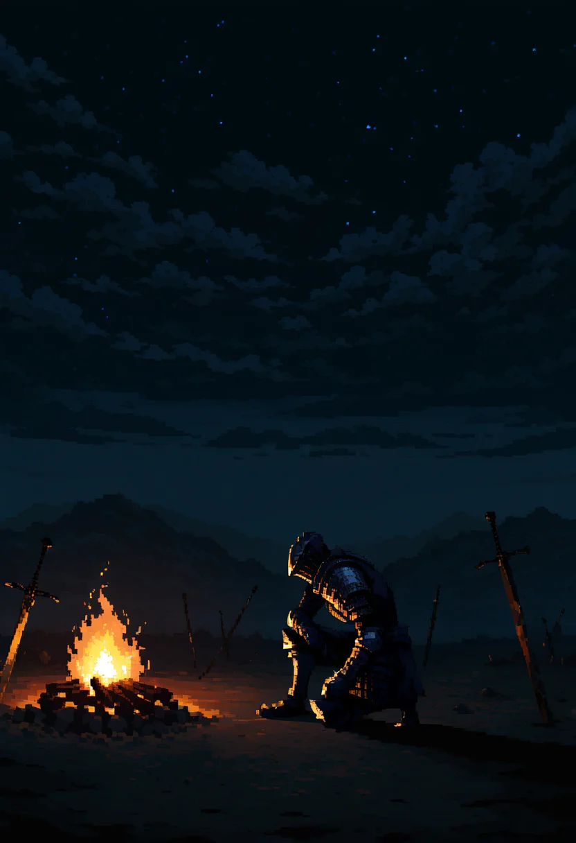 pixel art, dark souls \(series\), ashen one \(dark souls\), armor, shadow, dark, campfire, scenery, on one knee, from side, starry sky, dark clouds,
masterpiece, best quality, very awa, absurdres
<lora:noobai_epred_11_pixel_art_v1:1>