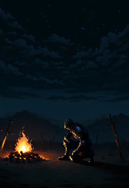 pixel art, dark souls \(series\), ashen one \(dark souls\), armor, shadow, dark, campfire, scenery, on one knee, from side, starry sky, dark clouds,
masterpiece, best quality, very awa, absurdres
<lora:noobai_epred_11_pixel_art_v1:1>