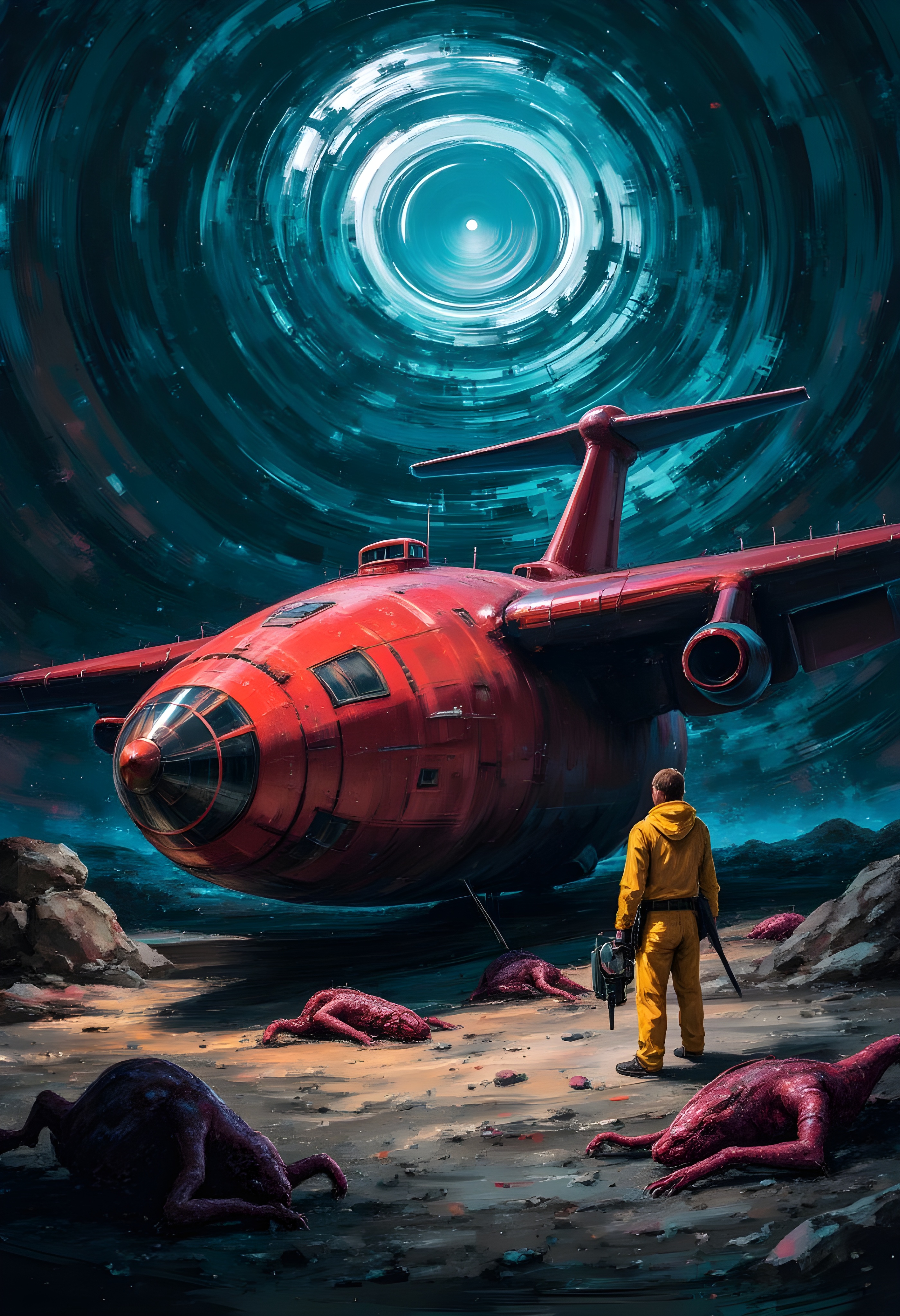 cinna flow, A red spaceship with large wings is parked on the ground in an underground cavern, surrounded by broken equipment and dead alien creatures. A man wearing yellow stands next to it holding tools. The artwork has a dark color palette and a realistic style. It uses digital painting techniques to create detailed textures and shadows. Very detailed, vibrant colors