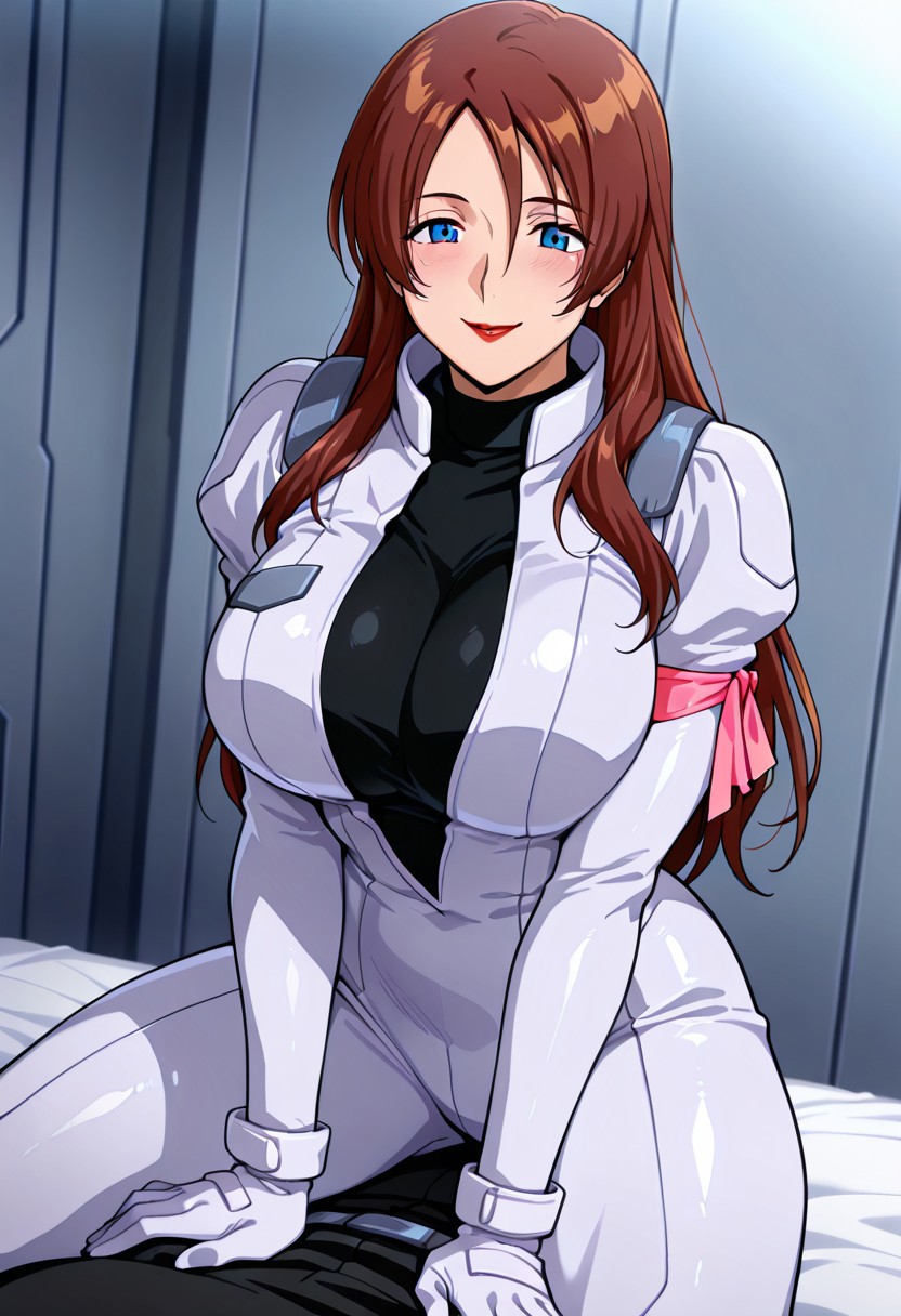 masterpiece, best quality,((masterpiece, absurdres)), best quality, amazing quality, newest, 4k, anime coloring, very aesthetic, ray tracing, Smooth Quality, CG,maheria 1 mature female , brown hair, long hair, blue eyes, red lips, pilotsuit, turtleneck t-shirt, arm ribbon,gloves,smile
