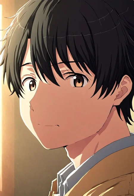 high resolution, solo, best quality, 1Boy, Inaho Kaizuka, Black Hair, portrait, looking at viewer, focused gaze forward, upper body, head upright, happiness, OverallDetail
