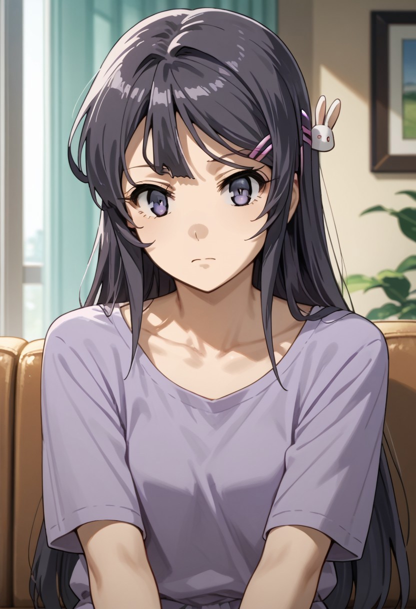 score_9,score_8_up,score_7_up,source_anime,SAKURAJIMA_MAI,1girl,solo,looking at viewer,shirt,hair ornament,bow,closed mouth,sitting,collarbone,upper body,indoors,hairclip,curtains,couch,purple shirt,rabbit hair ornament,