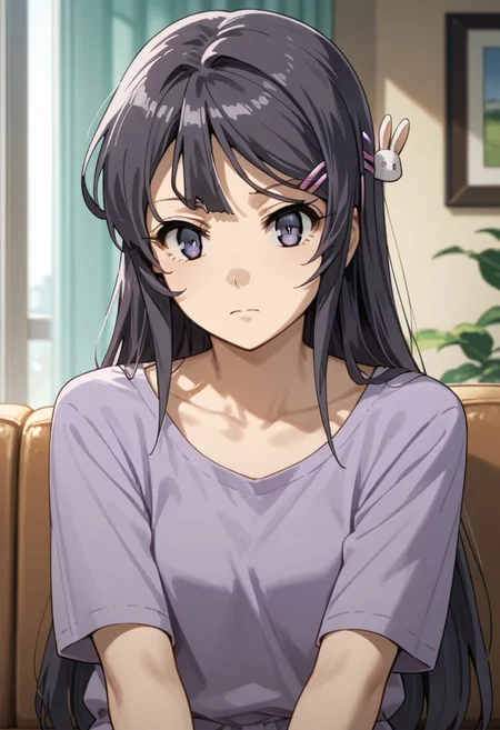 score_9,score_8_up,score_7_up,source_anime,SAKURAJIMA_MAI,1girl,solo,looking at viewer,shirt,hair ornament,bow,closed mouth,sitting,collarbone,upper body,indoors,hairclip,curtains,couch,purple shirt,rabbit hair ornament,
