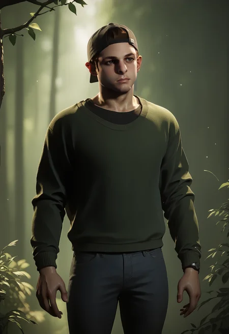 score_9, score_8_up, score_7_up, score_6_up, score_5_up, <lora:jacob_custos_pony_epoch_7:1> jacob_custos, green sweater, black shirt, jeans, and backward baseball cap standing in a forest