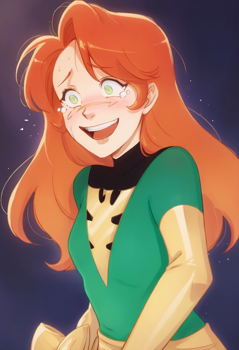 score_9, score_8, score_7, source_anime, tldrjeangrey, wide-eyed, elbow gloves, small breasts, smile, green bodysuit, teeth, blush, open mouth, tears, yellow gloves
