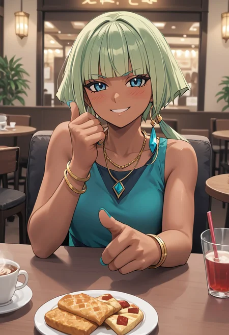 score_4,score_5,score_6,score_7_up,score_8_up,score_9 ((masterpiece,best quality,ultra detailed,highres,HD,4k:1.2))
oekaki,jaggy lines,
1 girl,solo,girl forcus,solo forcus,
Stella,dark skin, dark-skinned female,pale green hair, bob haircut, blunt bangs, short hair with long locks,blue eyes,Eyelashes,earrings,hoop,necklace, bracelet, earrings,jewelry, nail polish, toenail polish,
indoor, cafe, pov date, across table pov, across table, sitting, hand, right_hand, right_hand fist, right_hand touching face, left_hand, left_hand on table, left_hand placed horizontal,
happy,smile,blush