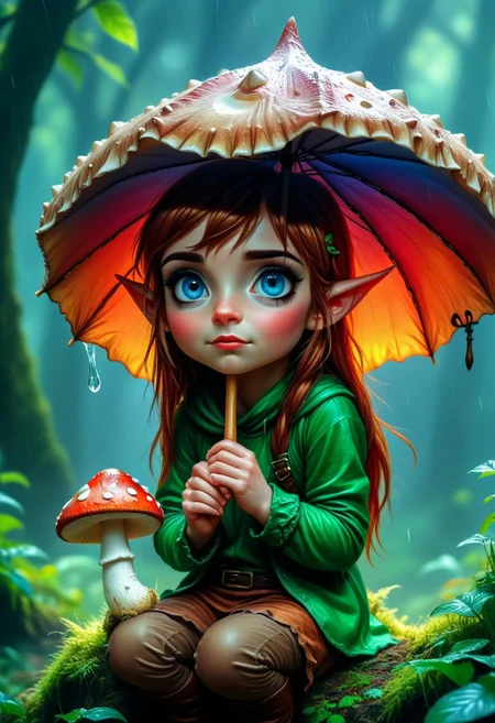 anime. little elf girl. cute face. big blue eyes, pointed ears, brown green hair. holds a toadstool as an umbrella in his hand.
ultra-sharp, exquisite details, flawless composition, vivid colors, masterpiece, exciting background. , High Definition HD, high details, perfect composition,
best quality, ultra-detailed, very aesthetic, illustration, perfect composition, intricate details, absurd, atmospheric lighting, streaks of light, vibrant colors, very detailed, midjourneyv6.1, detail background, perfection,