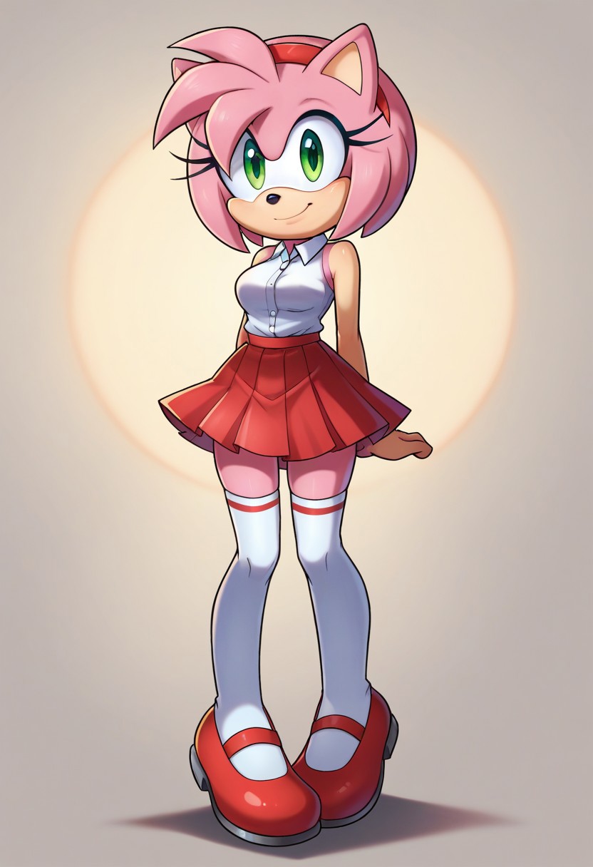 score_9, score_8_up, score_7_up, score_6_up, score_5_up, score_4_up, j3n, 1girl, solo, Full body, female, petite, furry, Amy Rose, furry, pink hair, pink fur, medium breasts, green eyes, animal nose, pleated skirt, white shirt, red skirt, white thighhighs, sleeveless, collared shirt, red shoes, mary janes, red hairband, standing, smile, legs together, arms at sides