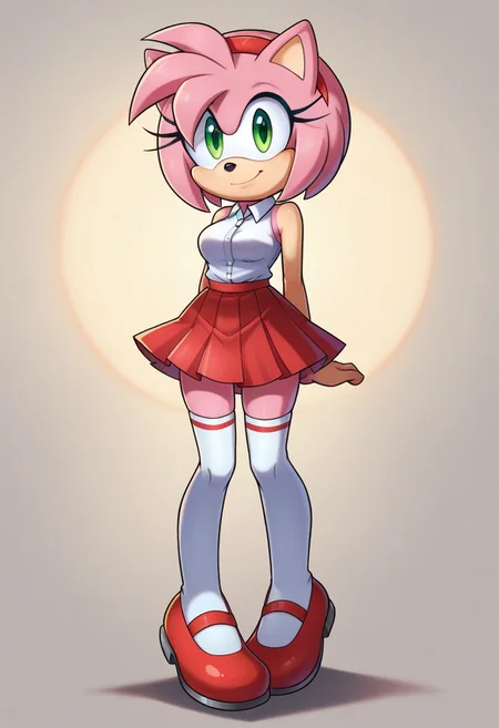 score_9, score_8_up, score_7_up, score_6_up, score_5_up, score_4_up, j3n, 1girl, solo, Full body, female, petite, furry, Amy Rose, furry, pink hair, pink fur, medium breasts, green eyes, animal nose, pleated skirt, white shirt, red skirt, white thighhighs, sleeveless, collared shirt, red shoes, mary janes, red hairband, standing, smile, legs together, arms at sides