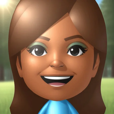 score_9, score_8, BREAK, solo, wii, mii, wii sports, 1girl, female mii, black eyes, brown hair, brown eyebrows, blue eyeshadow, dark skin, open mouth, cyan clothing, white pants, sneakers, nintendo mii, modern_mii, classic_mii, breasts, haruka_(wii_sports), cute, sexy pose, smile, outdoors, sunlight, shadows, evening lighting, natural lighting, forest, trees, grass, orange sky, sunset