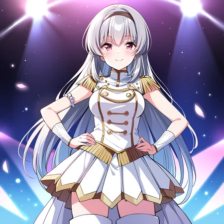 masterpiece,tendorui,1girl,solo,tendorui,1girl,tendorgti costume,tendorgti high boots,tendorgti wrist cuffs,smile,tendi hairband,hands on hips,solo,facing viewer,<lora:tendorui:0.8>,Tyndall effect,on stage,depth of field,