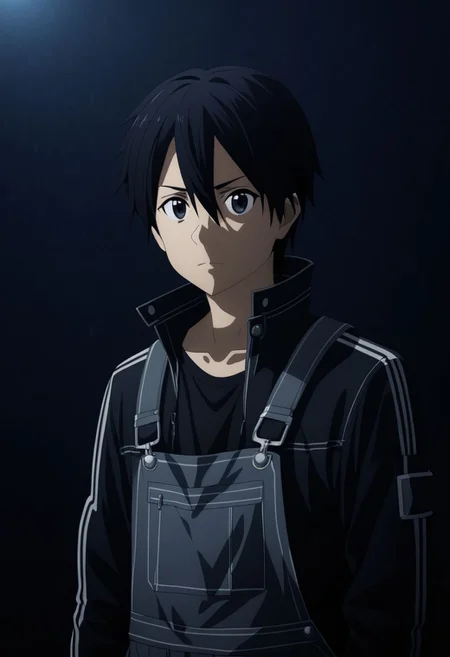 high resolution, professional photography, best quality, 1Boy, Kirigaya Kazuto, Black Hair, Black Eyes, overalldetail, cool, Mysterious black background, Movie lighting, a sense of atmosphere