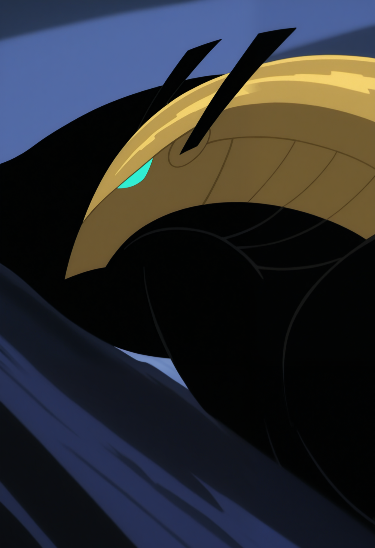 masterpiece,best quality,amazing quality, 1boy, solo, m1n10n, furry, black fur, colored sclera, no pupils, yellow helmet, close up, side angle,