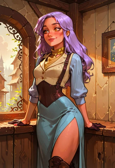 score_9, score_8_up, score_7_up, score_6_up, imogen temult, 25 year old, source_cartoon
cyan dress, cream vest, long purple hair, freckles, yellow scarf, bare legs, ((long)) blue skirt, boots, suspenders, half gloves, long hair, medium breasts, fit, ((magenta)) eyes, tall woman, tall,
1 girl, standing, inside, cowboy shot, smile, solo, alone, dynamic angles, posing
easynegative
ExpresHGothicNeonIncase
4s0r4,