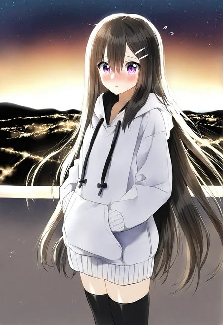 <lora:penta1_noob1.1-000139:0.9>,
1girl, long hair, purple eyes, hair ornament, hood, blush, thighhighs, hairclip, solo, hair between eyes, hoodie, black thighhighs, outdoors, drawstring, very long hair, night, hood down, parted lips, white hoodie, looking at viewer, star \(sky\), sky, long sleeves, starry sky, brown hair, night sky, hands in pockets, black hair, flying sweatdrops, nose blush,
masterpiece,best quality,newest,absurdres,highres,very awa,