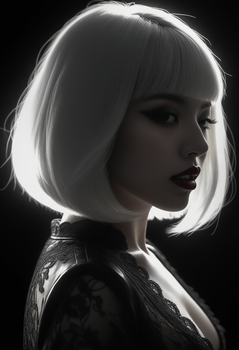 charcoal drawing, Silhouette Art, breathtaking detailed, masterpiece, awe-inspiring, radiant, magnificent, dark background, photorealistic portrait of stunning oriental female vampire, queen, long white bob, bangs, lips parted, showing slightly bared fangs, seductive, sultry, lustful, sexy leather and lace, silhouetted, light hitting one side of face, the other side in darkness