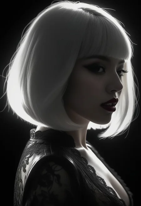 charcoal drawing, Silhouette Art, breathtaking detailed, masterpiece, awe-inspiring, radiant, magnificent, dark background, photorealistic portrait of stunning oriental female vampire, queen, long white bob, bangs, lips parted, showing slightly bared fangs, seductive, sultry, lustful, sexy leather and lace, silhouetted, light hitting one side of face, the other side in darkness