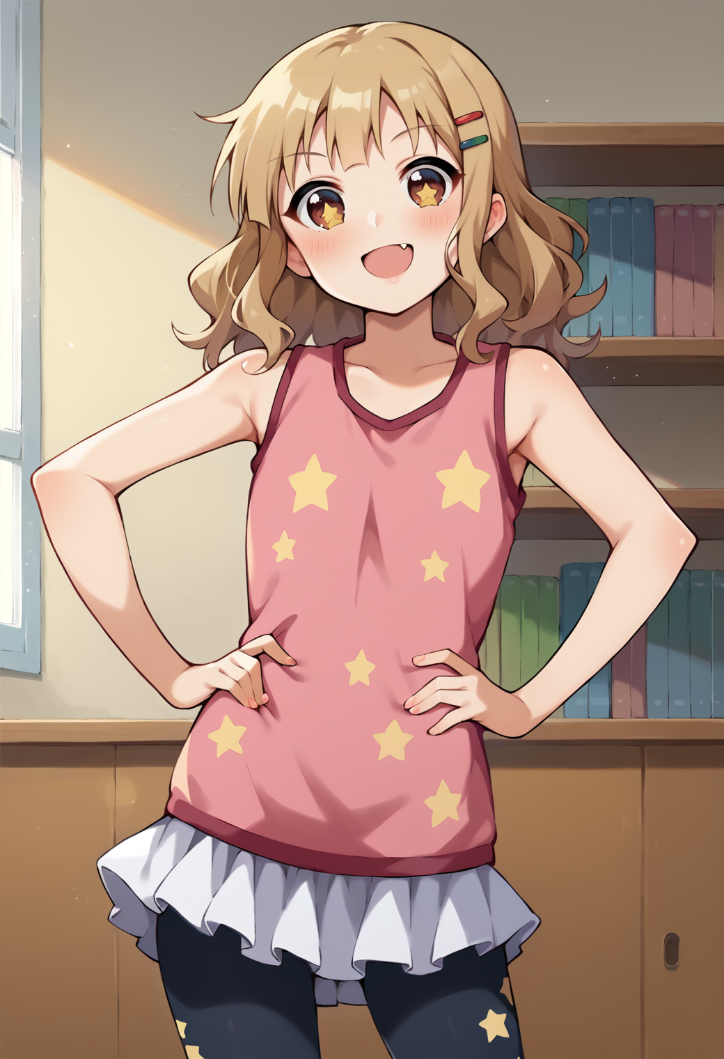 score_9, score_7_up, hd, (ultra hd quality details), source_anime, indoors, bedroom, bookshelf, 
solo, 1girl, oosaku, hairclip, fang,
pink tank top, star print, sleeveless, white skirt, frills, leggings,
looking at viewer, blush, smile,
standing, hand on own hip,
 <lora:_sakurako_oomuro-elesico-pony-e07:0.8>