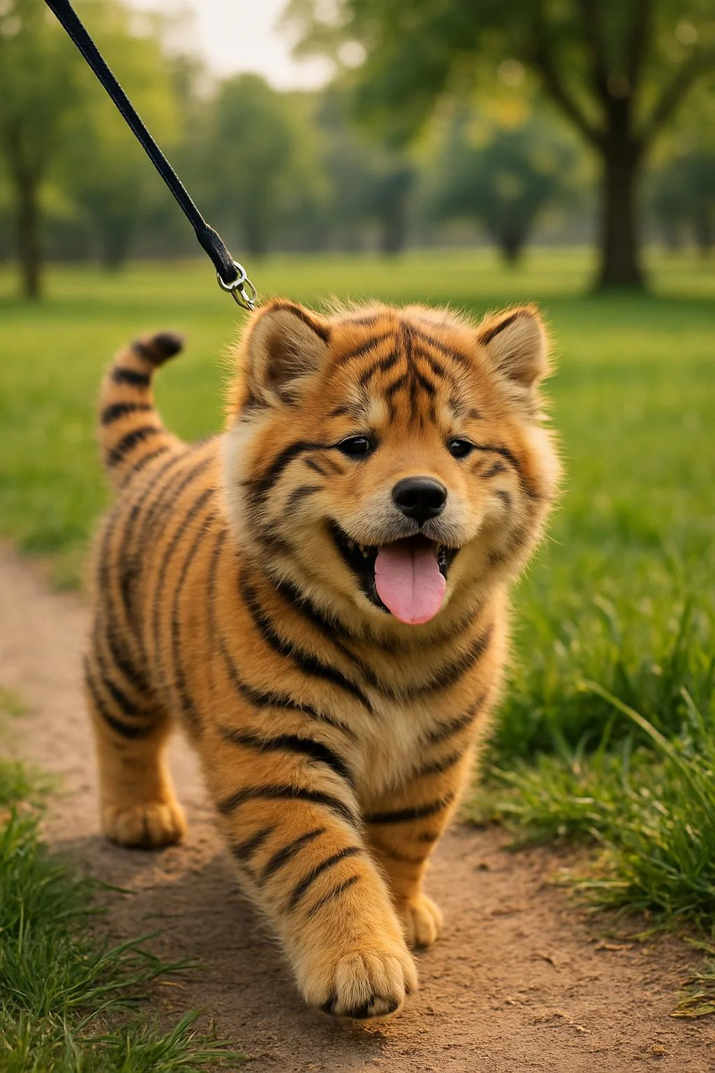 Generate me a cute fluffy happy puppy getting walked on a leash. It's smiling with its tongue out. The puppy has fur like a tiger. Orange with black stripes. The background is of a serene park with grassy fields and trees. fluffy, realistic, 8k, uhd, high quality, depth of field,