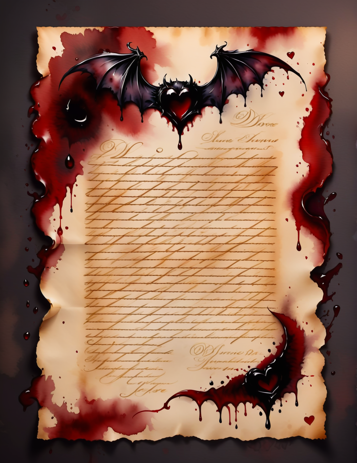 a vampire's love letter<lora:SDXLInkStainsFinal:1> Inkstains, high quality, beautiful, dark study, highly detailed, 8k