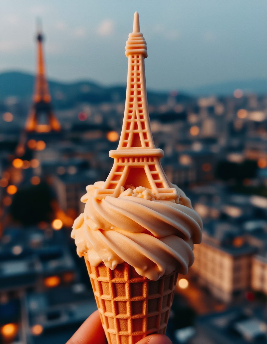 An intricately sculpted ice cream cone shaped like the Eiffel Tower, featuring lattice-like detailing and a creamy swirl forming the iconic peak. The smooth yet structured texture gives it an elegant look, with subtle drips at the edges. The waffle cone serves as the foundation, seamlessly blending into the towerâs base. In the background, a Parisian cityscape with twinkling lights enhances the romantic atmosphere.
<lora:ice-cream-cone-flux:1>