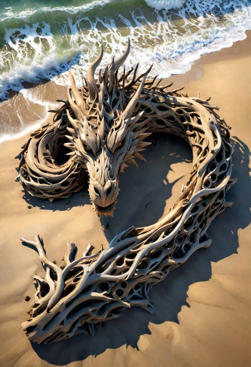 (drift wood washes up on the shore, all the tiny parts of drift wood form together to create a perfect  shape of a large dragon lying on the shore), abstract, 3d render, strong, insanely intricate details, (masterpiece), breathtaking natures art work