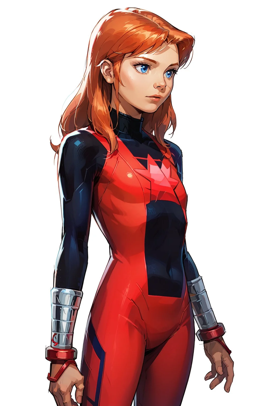 score_8, score_8_up, score_7_up 1girl, female focus, solo, Julie_PP, red hair, long hair, blue eyes, flat chest,Power Pack uniform, asymmetrical clothes, LS_logo, print bodysuit, red bodysuit, black bodysuit, bracers, metal bracers, cowboy shot, simple background, white background, standing
