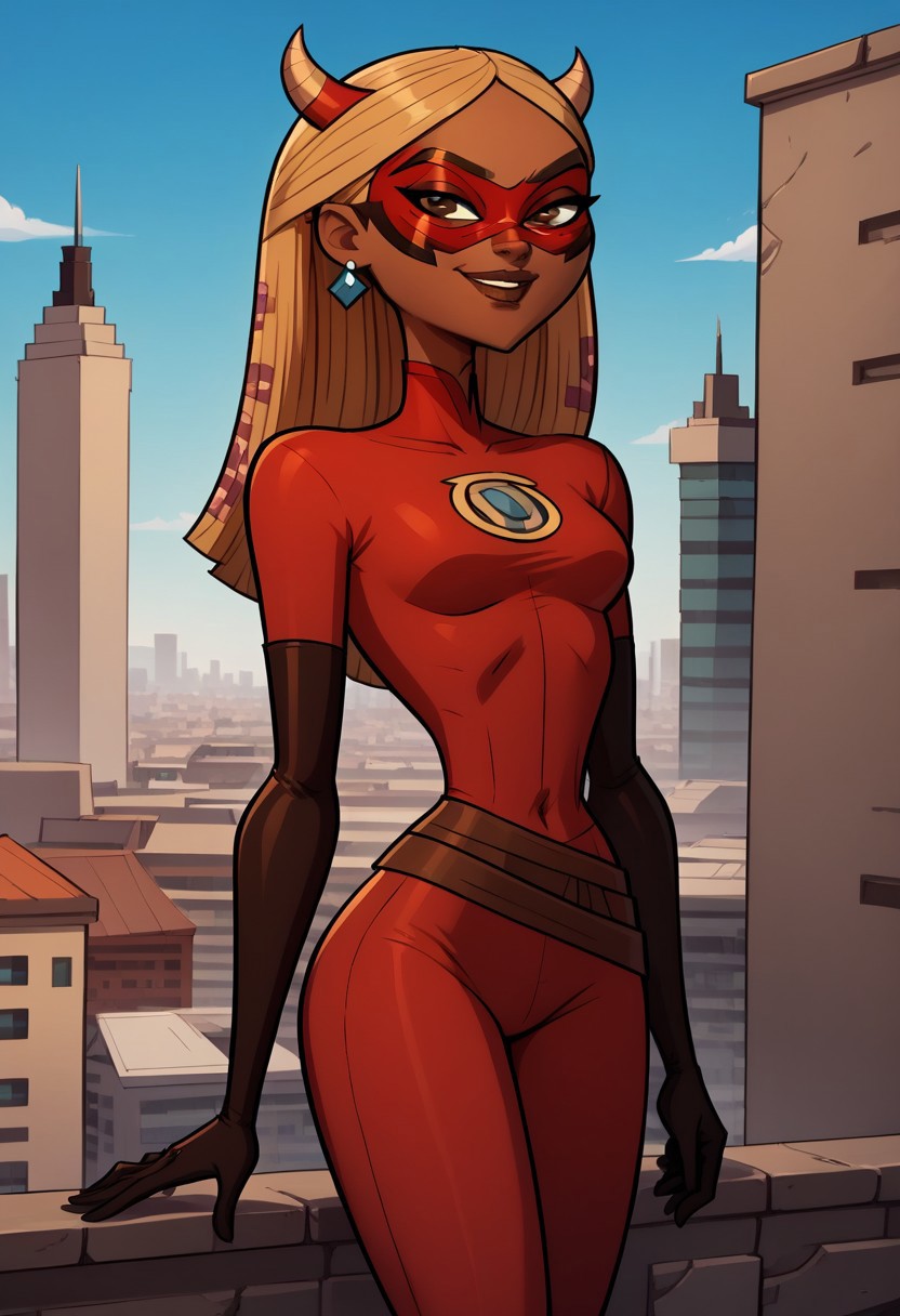 score_9, score_8, BREAK, solo, dark blonde hair, brown eyes, brown lips, lipstick, earrings, dark skin, total drama, Nichelle_(Total_Drama), breasts, dark skin female, standing, smile, outdoors, city, rooftop, blue sky, daytime, good weather, mask, red bodysuit, domino mask, elbow gloves, horns, skin tight, rating:safe