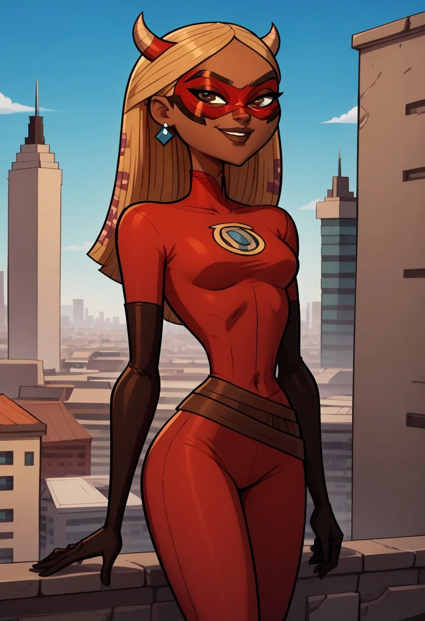 score_9, score_8, BREAK, solo, dark blonde hair, brown eyes, brown lips, lipstick, earrings, dark skin, total drama, Nichelle_(Total_Drama), breasts, dark skin female, standing, smile, outdoors, city, rooftop, blue sky, daytime, good weather, mask, red bodysuit, domino mask, elbow gloves, horns, skin tight, rating:safe