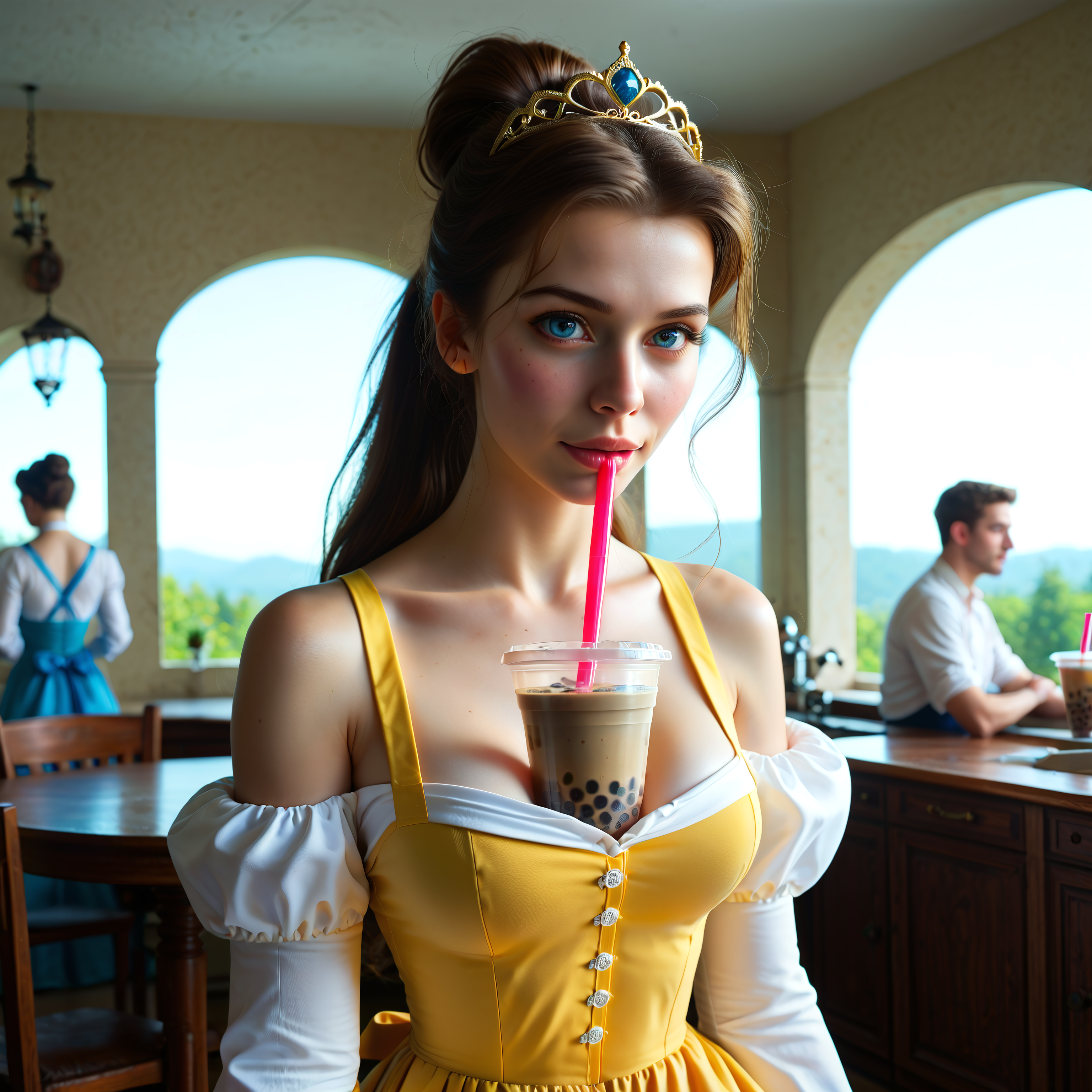 , score_9, score_8_up, score_7_up, high quality, best quality, highly detailed, sexy, nsfw, PONY\zPDXL3, bubble tea style, BelleXLP, makeup, yellow dress, bare shoulders, cleavage, gloves, hair bun, long hair, tiara, blue dress, white shirt, white long sleeves, long hair, ponytail, bow, white apron, Expressiveh, <lora:XL\ExpressiveH:0.5>, <lora:XL\Smooth Anime Style LoRA XL:0.4>, <lora:XL\IncaseLycoXL:0.5>, <lora:XL\Character\BelleXLP_Character-10:0.5>, <lora:XL\bubble tea style_xl:0.6000000000000001>