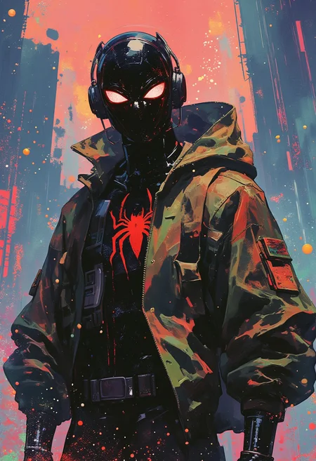 A highly detailed digital illustration, HD, 8K quality, ultra-detailed, masterpiece artwork, presents a midshot of a male superhero in a cyberpunk-inspired Spider-Man suit, exuding futuristic grit and edgy style. His iconic red and black suit is reimagined with glowing neon circuits, reinforced armor plating, and mechanical web shooters, all intricately detailed for a high-tech look. Draped over his frame is an oversized dark green bomber jacket streaked with chaotic neon stripes of toxic pink, electric blue, and radioactive yellow, creating a rebellious, urban aesthetic. The jacket features utility straps and patches, adding a rugged, battle-ready vibe. Partially open, it reveals a glowing red spider emblem on his chest, sharply contrasting against the sleek cyber-enhanced suit. His black mask, detailed with luminous red webbing patterns and expressive glowing eyes, amplifies his commanding, cyberpunk persona. The background showcases surreal, irregular patterns of interconnected dots and lines, inspired by the abstract complexity of Vasily Kandinsky’s *Composition VIII*, reinterpreted with neon hues and cybernetic precision. These patterns pulse with energy, blending electric greens, reds, and yellows into a dynamic visual rhythm. Dramatic lighting casts bold highlights and shadows, emphasizing the textures and intricate details of his suit and jacket, immersing the viewer in a visually striking, cyberpunk narrative.