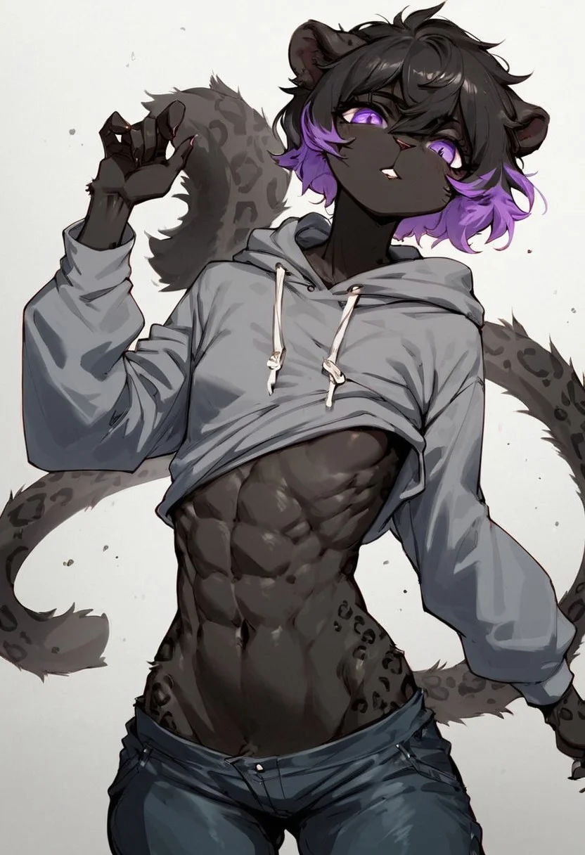 (score_9, score_8_up, score_7_up, score_6_up), front angle, standing, (anthro female, leopard:1.3, Athletic Body, Curvy Body, midriff, abs, ((small breasts)) (all black fur:1.3, black belly:1.3), short wavy Shaggy hair, purple mesh, two tone hair, purple eyes, (Loose gray hoodie, black short pants), navel, bare breast