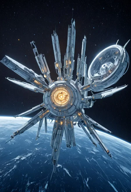 h0rr0rstyl3, CosmicStyle, high-contrast starlight shot, expeditionary scientific cruisers in synchronized orbit around a gas giant, golden illumination from nearby sun reflecting off sensor dishes, modular hull design with telescoping arms, ice-mining drones detached and descending into planetary rings, detailed scientific payload containers, warm cockpit glow visible through reinforced glass domes, ultradetailed ship schematics, smooth white and silver color scheme, exploratory symbols painted on wings, serenity meets cutting-edge exploration, peaceful future-tech vision, contemplative sci-fi scene, vast sense of scale