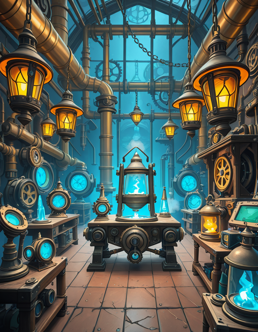 A highly detailed and immersive gnome workshop inspired by World of Warcraft, filled with intricate mechanical devices, glowing gadgets, and arcane-infused machinery. The workshop is cluttered with blueprints, gears, and steam-powered contraptions, creating a vibrant steampunk-fantasy aesthetic. The lighting comes from flickering arcane lamps, neon-colored tubes, and softly glowing mana crystals, casting a warm yet mysterious ambiance. In the background, large brass pipes, rotating cogs, and suspended platforms form a complex, multi-layered workspace. A large workbench at the center is covered with half-finished inventions, from tiny clockwork creatures to experimental energy weapons. The walls are adorned with schematics, tool racks, and magical energy conduits. The atmosphere feels lively, as if gnome engineers have just stepped away from their latest tinkering project, leaving sparks flying and steam hissing from unfinished experiments. The color palette is a mix of vibrant blues, greens, and metallic hues, enhancing the high-tech yet whimsical charm of gnomish engineering.<lora:SDXLFaeTastic2400:0.4> <lora:extremely_detailed:0.4> extremely detailed,gnome w0rksh0p <lora:gnome_w0rksh0p-i:1>, Masterpiece,best quality,hi res,8k,hi res,8k,award winning,(sharp focus, intricate, highly detailed),