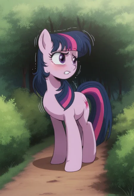 masterpiece, best quality, amazing quality, 1girl, solo, my_little_pony:_friendship_is_magic, Twilight Sparkle, pony, unicorn, feral, female, unicorn, purple fur, purple eyes, dark blue hair, streaked hair, dark blue tail, long hair, trotting, looking to the side, outdoors, scenery, motion lines, wind-blown hair, bushes in background, grass, valbun, cooler_inker, T5UM4N3T0R1