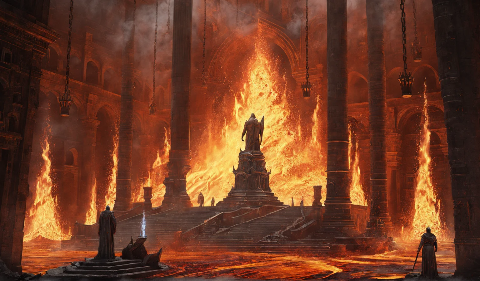 Scene concept, lava field, 3D rendering, super clear details, masterpiece, high quality, fire, landscape, chain, interior, statue, staircase, standing, from behind, pillars, buildings, ancient ruins, splattered magma<lora:ç岩ä¹å°:0.8>