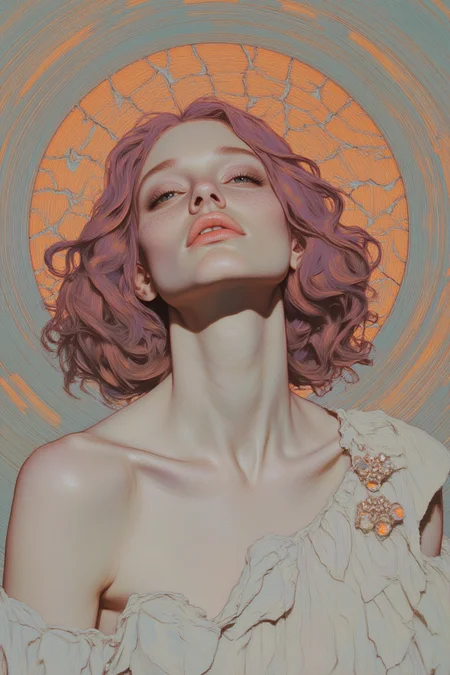 A hyper-realistic, highly detailed close-up portrait of a woman with alabaster skin and shoulder-length magenta hair styled in soft waves. She wears an asymmetrical white blouse with flowing ruffles and a single jeweled shoulder strap. Her face is angled slightly upward, with her eyes closed and a serene smile on her lips. Surrounding her head is a halo-like shape resembling a shattered sunburst, made of translucent golden shards radiating outward. In the background, an optical illusion of flowing concentric ovals in orange and teal creates a hypnotic ripple effect, pulling the viewer’s gaze inward. The soft, ambient lighting enhances the luminous textures of her outfit and the glowing background. HD, 8K, masterpiece quality, ultra-detailed.