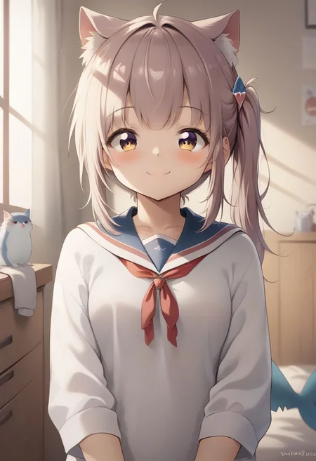 gawr gura, 1girl, shark tail, gawr gura, cat ears, side ponytail, upper body, smile, blush, closed mouth, score_9, score_8_up, score_7_up, source_anime, masterpiece, best quality, highly detailed background, cinematic lighting, detailed eyes, perfect face,, lazy, teenager room, messy, bedroom, bed sheet, closet, cardigan, school_uniform, mole_under_eye, black_thighhigh