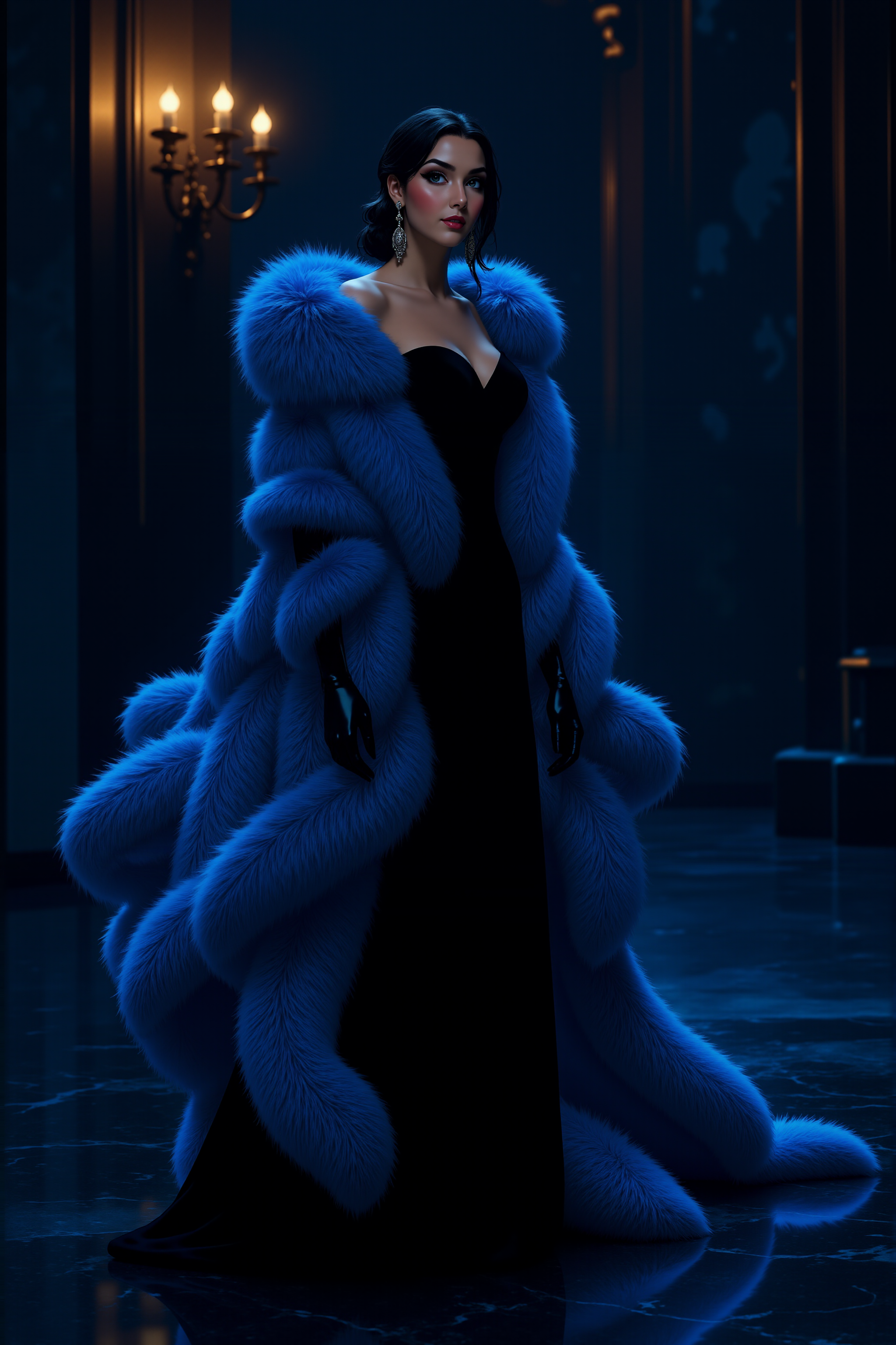 <lora:FANCHA_v.6:0.8> A mesmerizing femme fatale stands in a dimly lit, ultra-luxurious ballroom, enveloped in a gown of deep black velvet that cascades into an enormous, radiant mane of midnight-blue fur, glowing faintly like bioluminescent embers in the dark. The fur, soft yet untamed, billows behind her in a dramatic arc, shimmering with electric blue and indigo highlights as if infused with moonlight. Her piercing gaze is accentuated by dark, smoky makeup, and her gloved hands exude effortless elegance. The ambient lighting casts subtle reflections on the polished marble floor, amplifying the ethereal glow of her celestial fur ensemble.