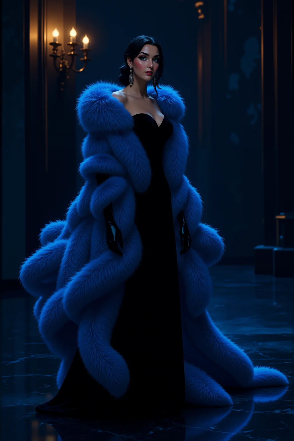 <lora:FANCHA_v.6:0.8> A mesmerizing femme fatale stands in a dimly lit, ultra-luxurious ballroom, enveloped in a gown of deep black velvet that cascades into an enormous, radiant mane of midnight-blue fur, glowing faintly like bioluminescent embers in the dark. The fur, soft yet untamed, billows behind her in a dramatic arc, shimmering with electric blue and indigo highlights as if infused with moonlight. Her piercing gaze is accentuated by dark, smoky makeup, and her gloved hands exude effortless elegance. The ambient lighting casts subtle reflections on the polished marble floor, amplifying the ethereal glow of her celestial fur ensemble.