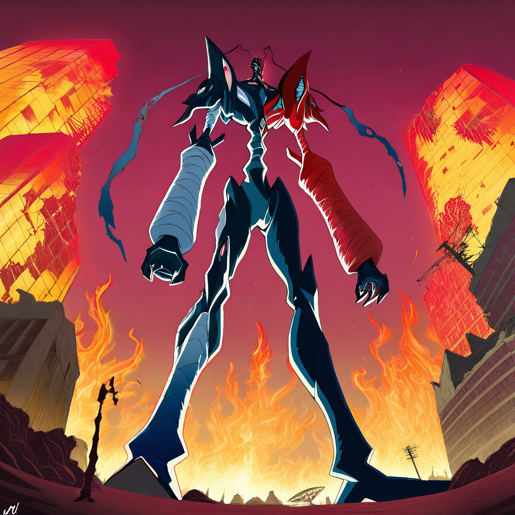 best quality,abbadomon core, <lora:abbadomoncoreillustrious:1>,   solo,full body,evangelion unit,eva_(evangelion),giant robot,mecha, two tone skin,red and black skin,from below,standing,neon genesis evangelion,giant,city,skyscrapers,looming,fire,burning buildings,ruins,open mouth,glowing eyes,horn,antenna