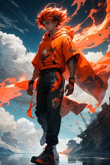 masterpiece, best quality, 1boy, skinny, intricate detail, flame headwear, headphones, brown eyes, feet out of frame, wind, floating hair, flame, gloves, Orange hoodie with flame print, anime screencap, aura,
<lora:more_details:0.4>
<lora:Cosmic anime-oil fusion v2:0.4>
<lora:AnimeVibesV3:0.25> animevibes,
<lora:3DMM_V11:0.5> 3DMM
<lora:midjourney_20230624181825:0.4> midjourney ,
<lora:LAS:0.25> colorful, clouds,
<lora:msw_locon-t2:0.45>
<lora:wuxia2:0.5> gu, shiny, shiny hair, shiny skin, shiny clothes