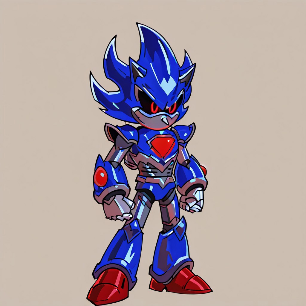 darkest dungeon, Metallix, red glowing eyes, robot, glowing red energy core, blue metal skin, black sclera, pointy metal nose, red shoes, clenched hands, red orbs on its forearms, white details on its edges, white spikes on its head, thruster on its back, solo,