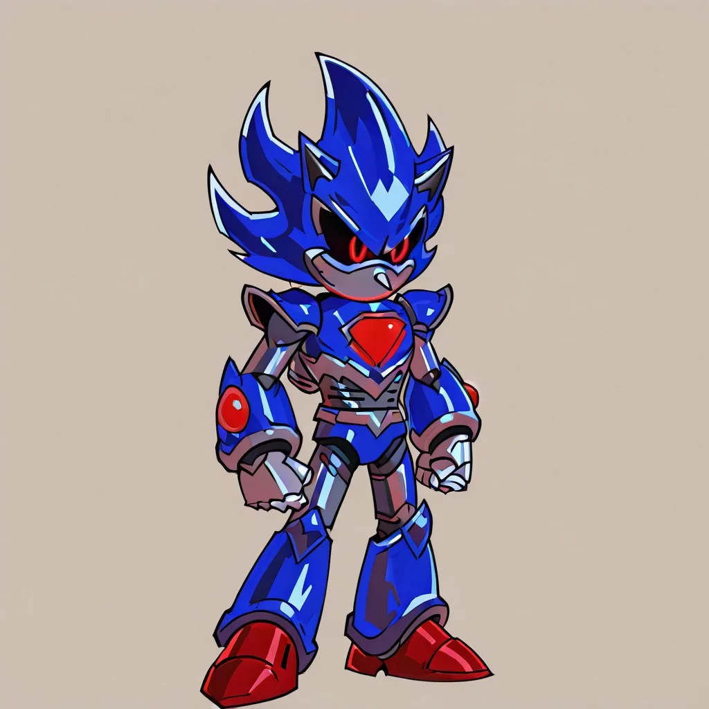 darkest dungeon, Metallix, red glowing eyes, robot, glowing red energy core, blue metal skin, black sclera, pointy metal nose, red shoes, clenched hands, red orbs on its forearms, white details on its edges, white spikes on its head, thruster on its back, solo,