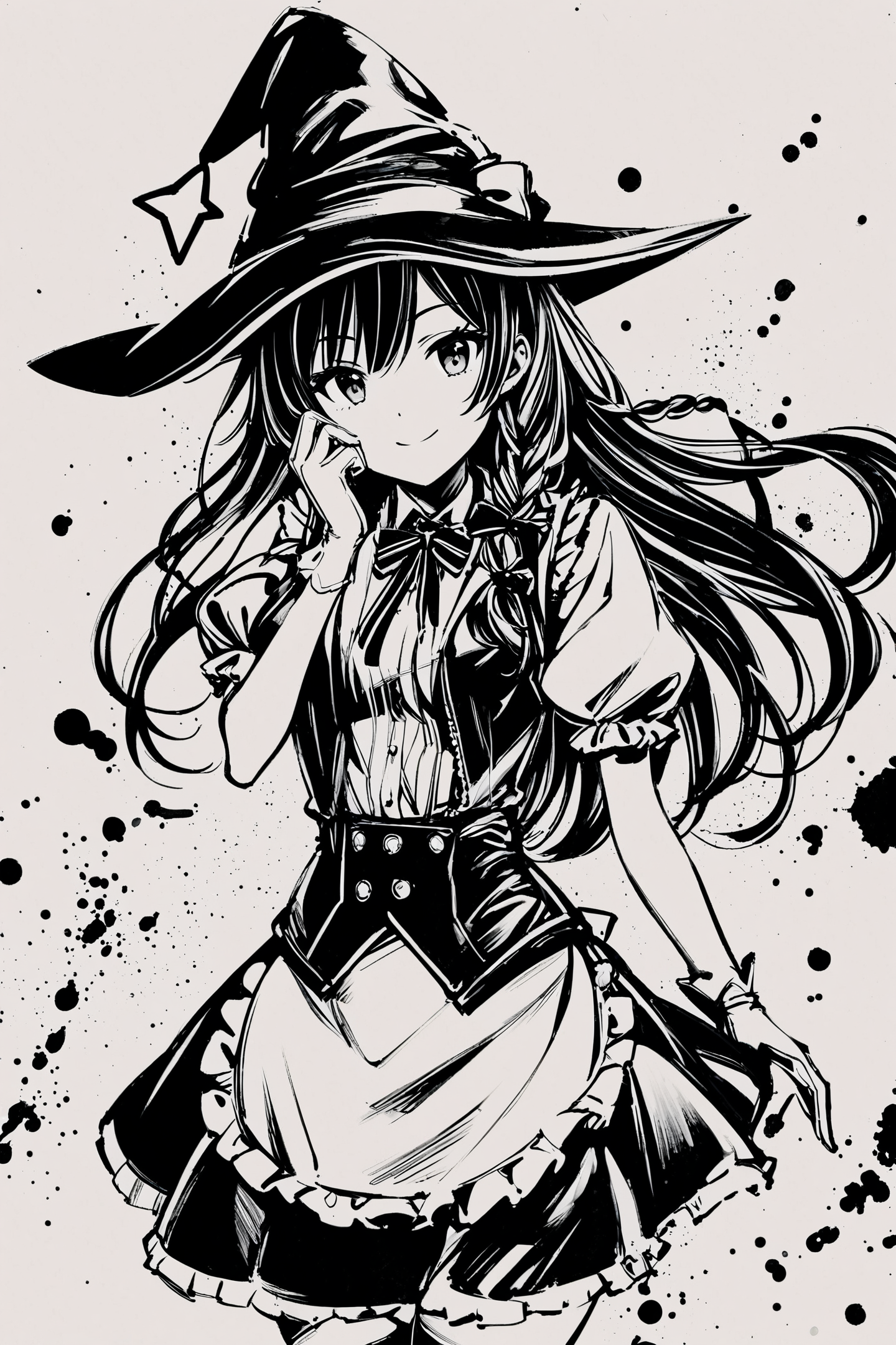 score_9,score_8_up,score_7_up,masterpiece,best quality,
monochrome,greyscale,1girl,solo,kirisame marisa,hat,long hair,gloves,braid,witch hat,star (symbol),bow,looking at viewer,short sleeves,single braid,white gloves,puffy sleeves,hat bow,puffy short sleeves,apron,side braid,vest,cowboy shot,black headwear,dress,closed mouth,frills,smile,skirt,adapted costume,waist apron,hair bow,hand on own face,ribbon,bowtie,shirt,ink \(medium\),
<lora:okazu_XL_PONY:0.9>,
