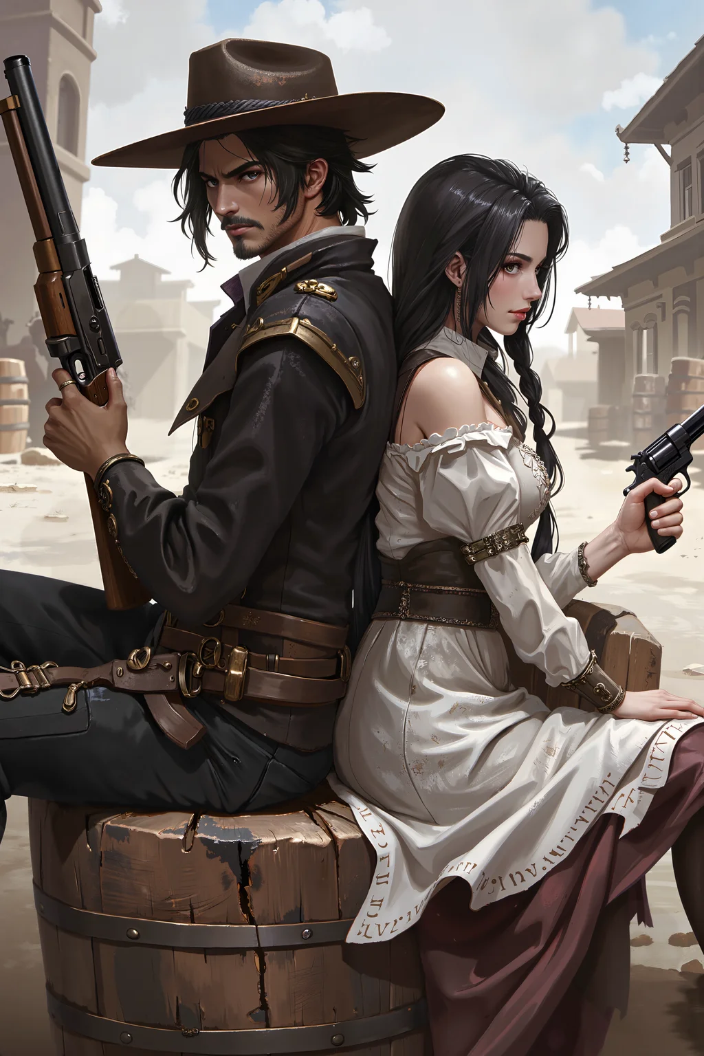 Two characters in a grim, unforgiving wild west sitting with their back turned to each other. The male character on the left has a slim oustache, small triangle beard, dark skin, and a muscular physique. Hhe is dressed in a rugged cwoboy outfit a black and white color scheme, including a dirty brown cowboy hat. He holds a large shotgun, which he brandishes with confidence. His expression is intense and determined.The character on the right has long, wavy black hair and light skin. She is dressed in a big wild west noble dress outfit with thigh-high stockings. She holds two revolvers. Her expression is serene and focused, with her eyes open and a slight smile on her lips. The background is a barricade of barrels and a wild west town street.<lora:XRSTYLE_FLUX:0.5><lora:black_fantasy_1.0:0.5><lora:FluxDFaeTasticDetails:0.7>