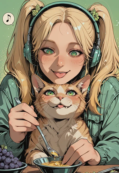 embedding:IllusP0s, codex sss chroma
1girl, solo, close-up, blush, smile, tongue_out, blonde_hair, twintails, long_sleeves, green_eyes, gradient_eyes, eye_reflection, eyelashes, big_eyes, hair_ornament, cat_ear_headphones, jacket, open_jacket, grapes, spoon, holding_spoon, musical_note, eighth_note, spoken_musical_note, green_background